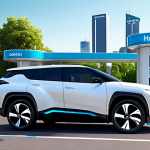 **

A futuristic hydrogen fuel cell car refueling at a modern hydrogen station. The car is sleek and aerodynamic, with visible "zero emissions" branding. The station is bright and clean, with hydrogen storage tanks and digital displays showing fuel levels. The background features a clean city skyline with green spaces, emphasizing the environmental benefits of hydrogen energy. Style: hyperrealistic, vibrant colors, slightly futuristic.

**
