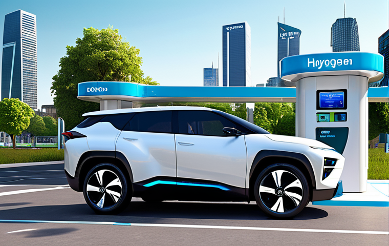 **

A futuristic hydrogen fuel cell car refueling at a modern hydrogen station. The car is sleek and aerodynamic, with visible "zero emissions" branding. The station is bright and clean, with hydrogen storage tanks and digital displays showing fuel levels. The background features a clean city skyline with green spaces, emphasizing the environmental benefits of hydrogen energy. Style: hyperrealistic, vibrant colors, slightly futuristic.

**
