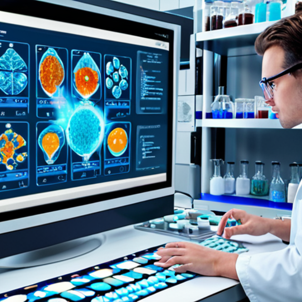 **Prompt:** Data-driven chemical lab, scientists using AI and machine learning to discover new catalyst materials, virtual screening, high-throughput experimentation, advanced technology, bright and futuristic.