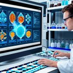 **Prompt:** Data-driven chemical lab, scientists using AI and machine learning to discover new catalyst materials, virtual screening, high-throughput experimentation, advanced technology, bright and futuristic.