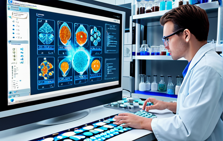 **Prompt:** Data-driven chemical lab, scientists using AI and machine learning to discover new catalyst materials, virtual screening, high-throughput experimentation, advanced technology, bright and futuristic.