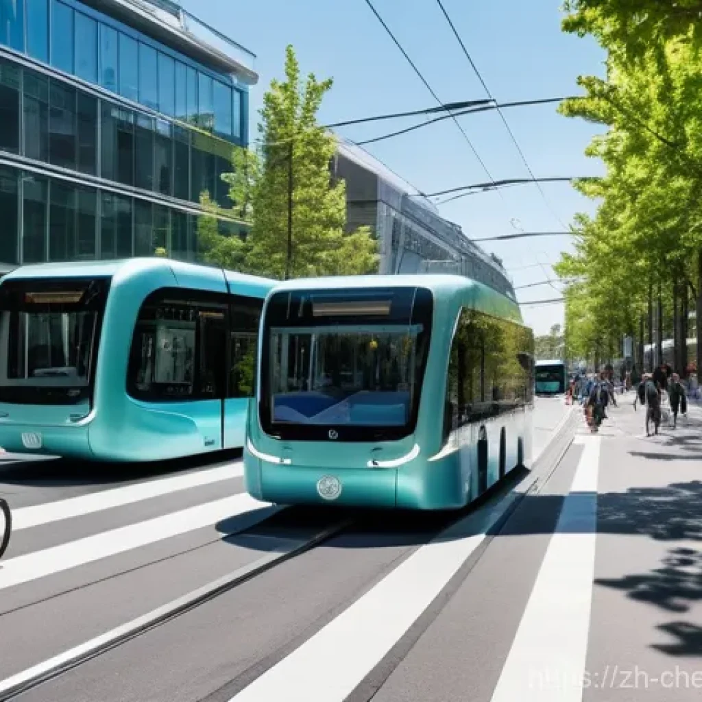 환경촉매 및 대기정화 기술 - A bustling, futuristic urban street on a bright, sunny day, showcasing a harmonious blend of green t...