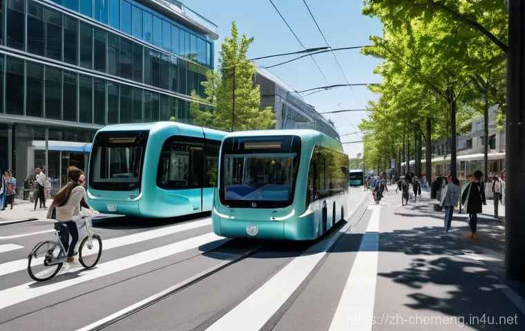 환경촉매 및 대기정화 기술 - A bustling, futuristic urban street on a bright, sunny day, showcasing a harmonious blend of green t...