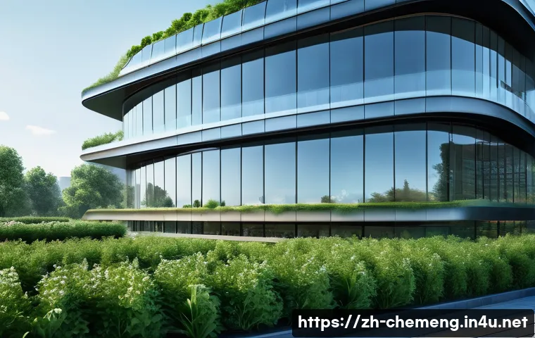 스마트 소재 및 자가치유 재료 - A futuristic smart building exterior showcasing advanced environment-responsive materials: walls emb...