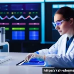 화학공정에서의 분광분석 - A modern chemistry laboratory scene featuring a scientist using a UV-Visible spectrophotometer to mo...