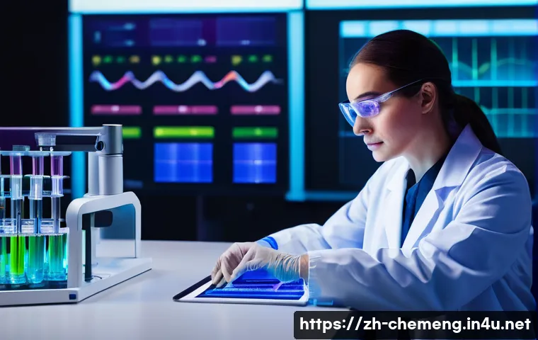 화학공정에서의 분광분석 - A modern chemistry laboratory scene featuring a scientist using a UV-Visible spectrophotometer to mo...