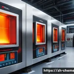 고온 공정과 열관리 기술 - A futuristic industrial furnace interior showcasing advanced high-temperature materials, including c...