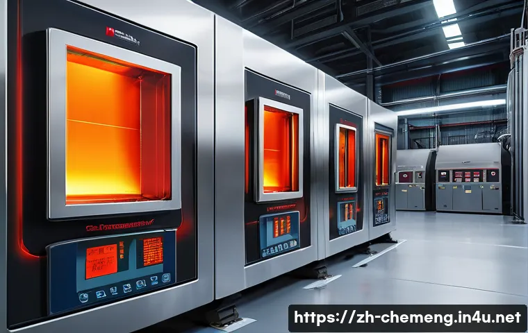 고온 공정과 열관리 기술 - A futuristic industrial furnace interior showcasing advanced high-temperature materials, including c...