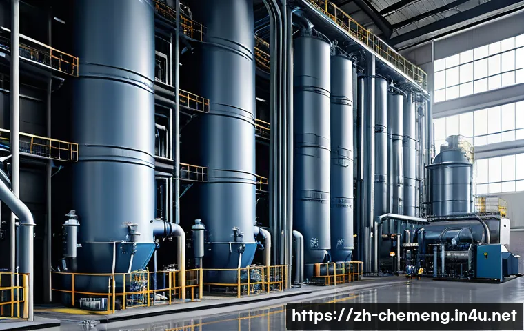 대기오염 제어 공정 - A highly detailed industrial scene showcasing a modern waste gas purification facility using activat...