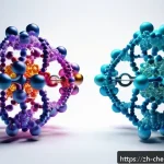 유기화학과 무기화학 - A highly detailed molecular illustration contrasting organic and inorganic molecules: on the left, c...