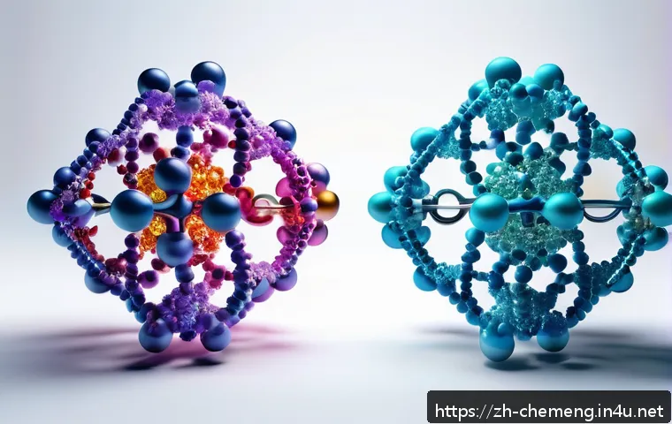 유기화학과 무기화학 - A highly detailed molecular illustration contrasting organic and inorganic molecules: on the left, c...