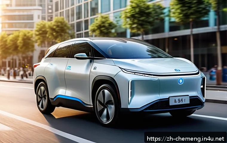 수소 에너지와 연료전지 - A futuristic hydrogen fuel cell electric vehicle driving smoothly on an urban street at sunset, with...