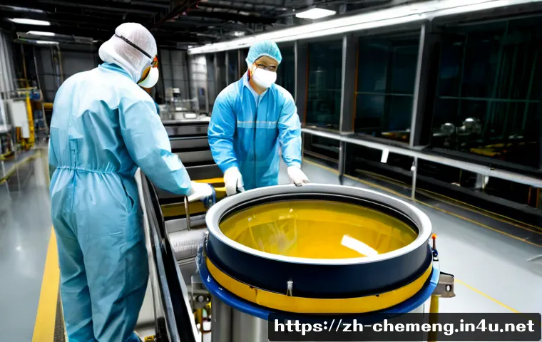 방사성 물질 및 처리 공정 - Photorealistic radioactive waste processing facility interior, sealed stainless-steel drums moving a...